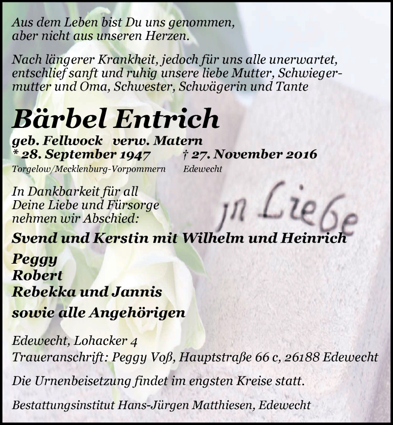  Traueranzeige für Bärbel Entrich vom 01.12.2016 aus Nordwest-Zeitung