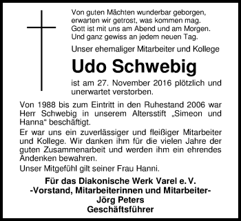 Traueranzeige von Udo Schwebig von Nordwest-Zeitung