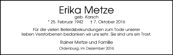 Traueranzeige von Erika Metze von Nordwest-Zeitung