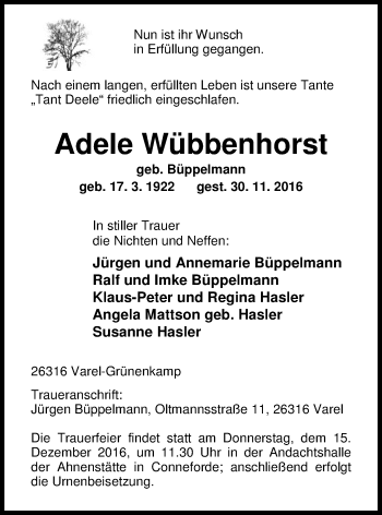 Traueranzeige von Adele Wübbenhorst von Nordwest-Zeitung