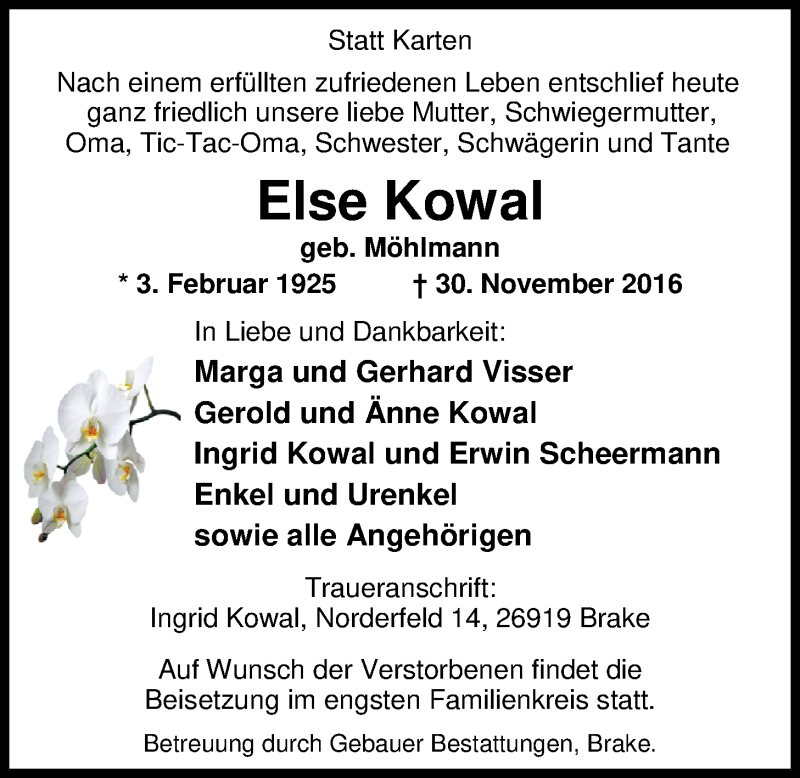  Traueranzeige für Else Kowal vom 02.12.2016 aus Nordwest-Zeitung