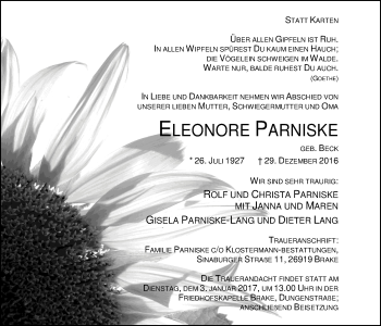 Traueranzeige von Eleonore Parniske von Nordwest-Zeitung
