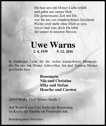 Traueranzeige von Uwe Warns von Nordwest-Zeitung