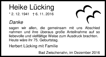 Traueranzeige von Heike Lücking von Nordwest-Zeitung
