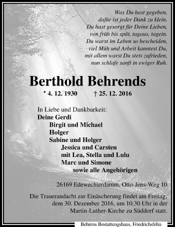 Traueranzeige von Berthold Behrends von Nordwest-Zeitung