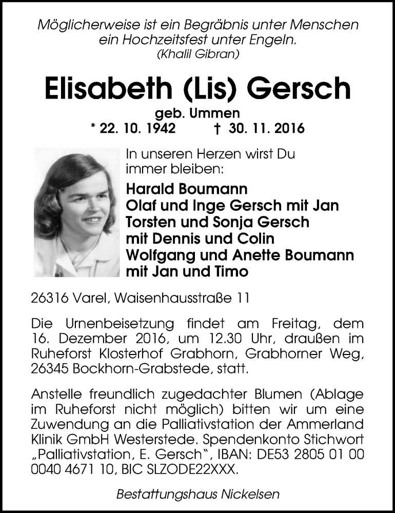  Traueranzeige für Elisabeth  Gersch vom 09.12.2016 aus Nordwest-Zeitung