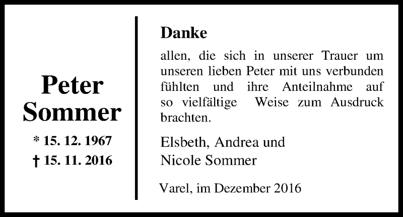  Traueranzeige für Peter Sommer vom 14.12.2016 aus Nordwest-Zeitung