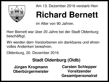 Traueranzeige von Richard Bernett von Nordwest-Zeitung