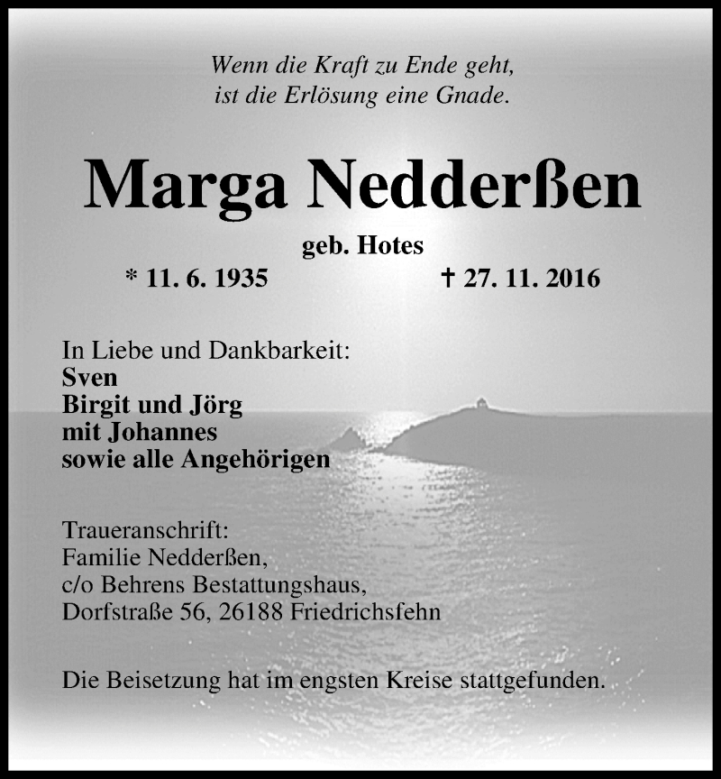  Traueranzeige für Marga Nedderßen vom 07.12.2016 aus Nordwest-Zeitung