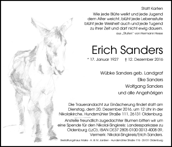 Traueranzeige von Erich Sanders von Nordwest-Zeitung