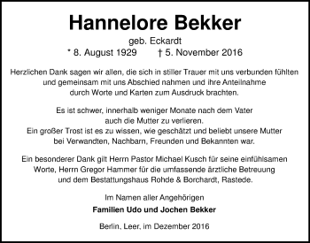 Traueranzeige von Hannelore Bekker von Nordwest-Zeitung