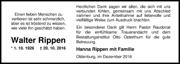 Traueranzeige von Walter Rippen von Nordwest-Zeitung
