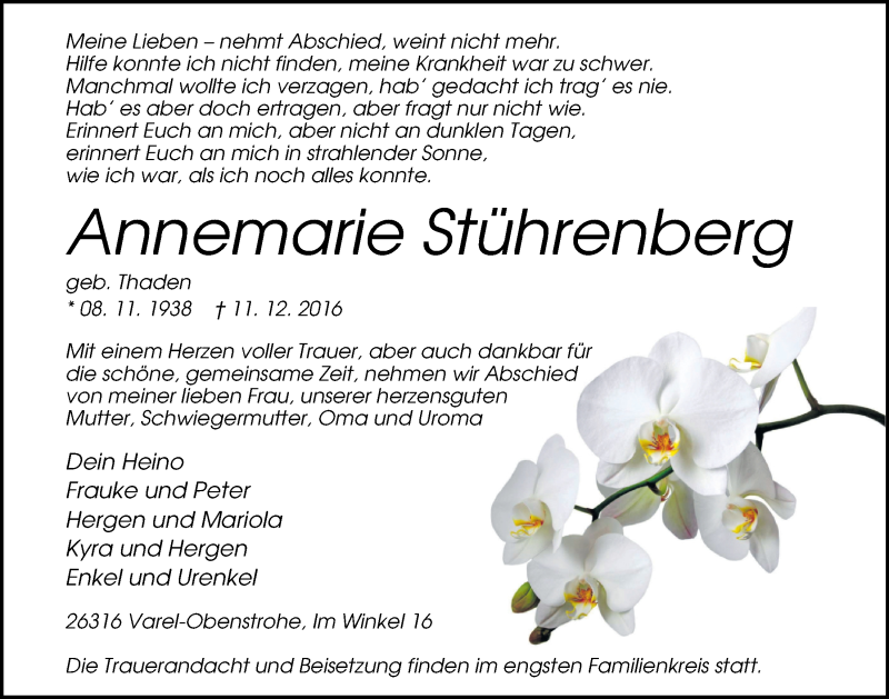  Traueranzeige für Annemarie Stührenberg vom 13.12.2016 aus Nordwest-Zeitung
