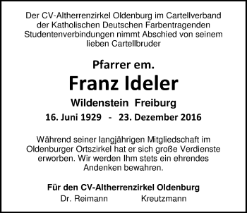 Traueranzeige von Franz Ideler von Nordwest-Zeitung