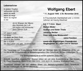 Traueranzeige von Wolfgang Ebert von Nordwest-Zeitung