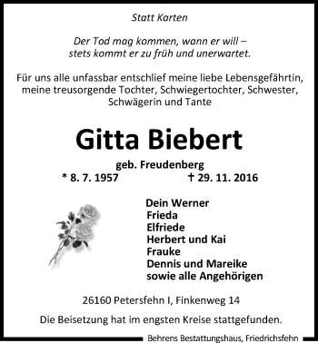 Traueranzeige von Gitta Biebert von Nordwest-Zeitung