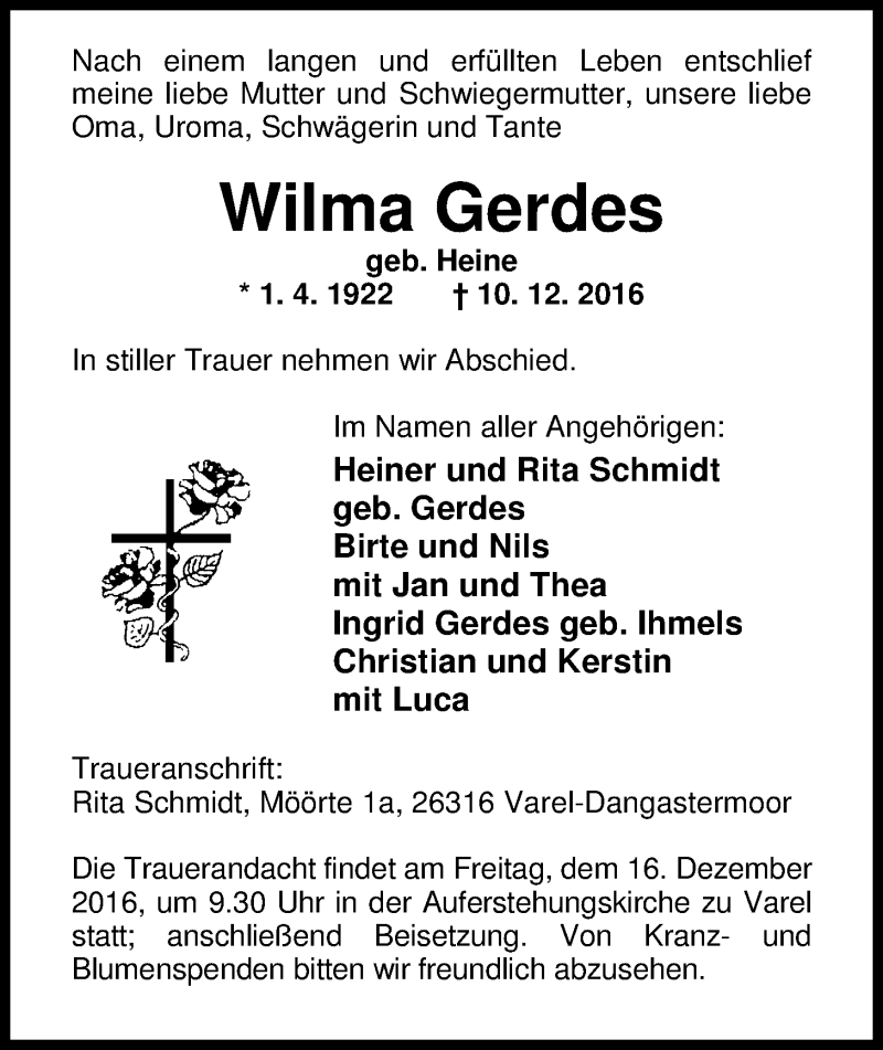  Traueranzeige für Wilma Gerdes vom 13.12.2016 aus Nordwest-Zeitung