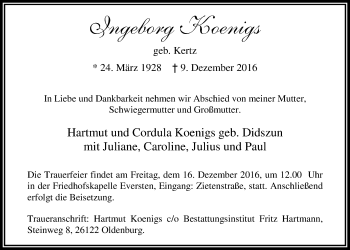 Traueranzeige von Ingeborg Koenigs von Nordwest-Zeitung