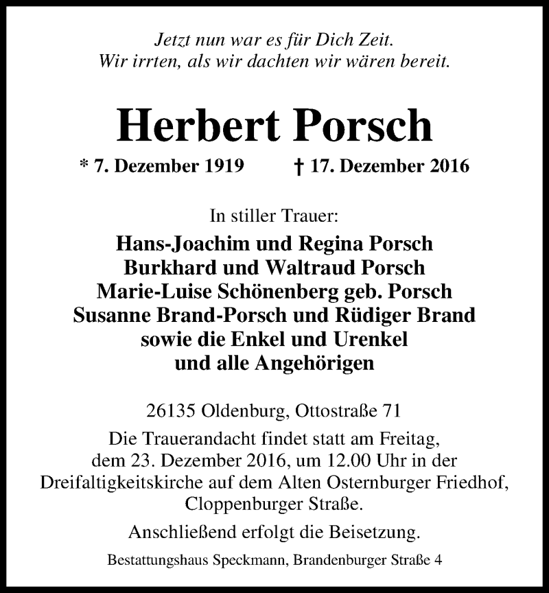  Traueranzeige für Herbert Porsch vom 20.12.2016 aus Nordwest-Zeitung