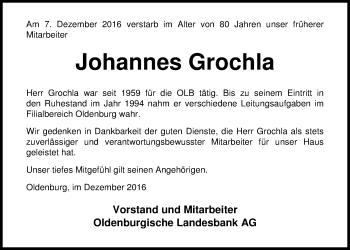 Traueranzeige von Johannes Grochla von Nordwest-Zeitung