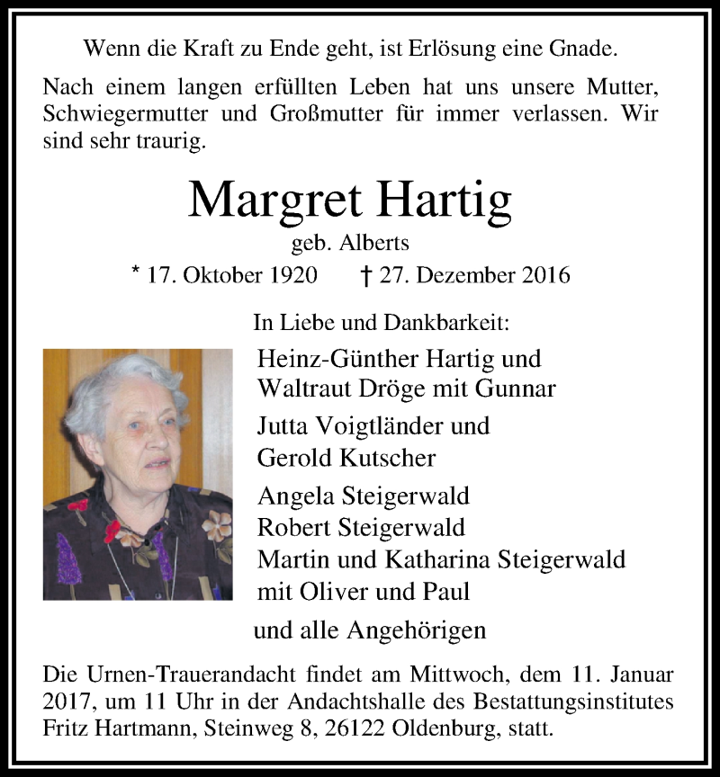  Traueranzeige für Margret Hartig vom 31.12.2016 aus Nordwest-Zeitung