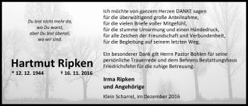 Traueranzeige von Hartmut Ripken von Nordwest-Zeitung