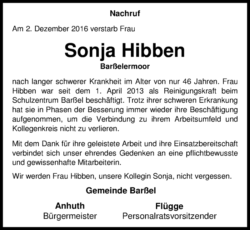  Traueranzeige für Sonja Hibben vom 06.12.2016 aus Nordwest-Zeitung