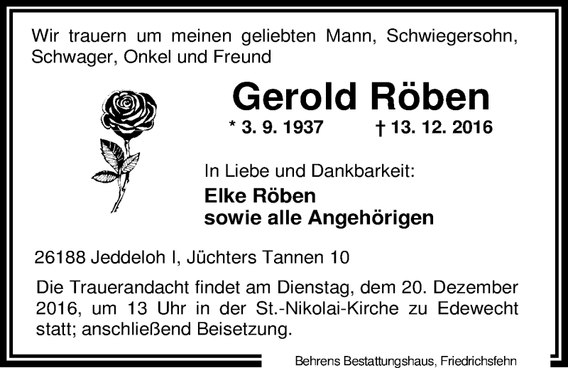  Traueranzeige für Gerold Röben vom 15.12.2016 aus Nordwest-Zeitung