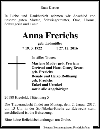 Traueranzeige von Anna Frerichs von Nordwest-Zeitung