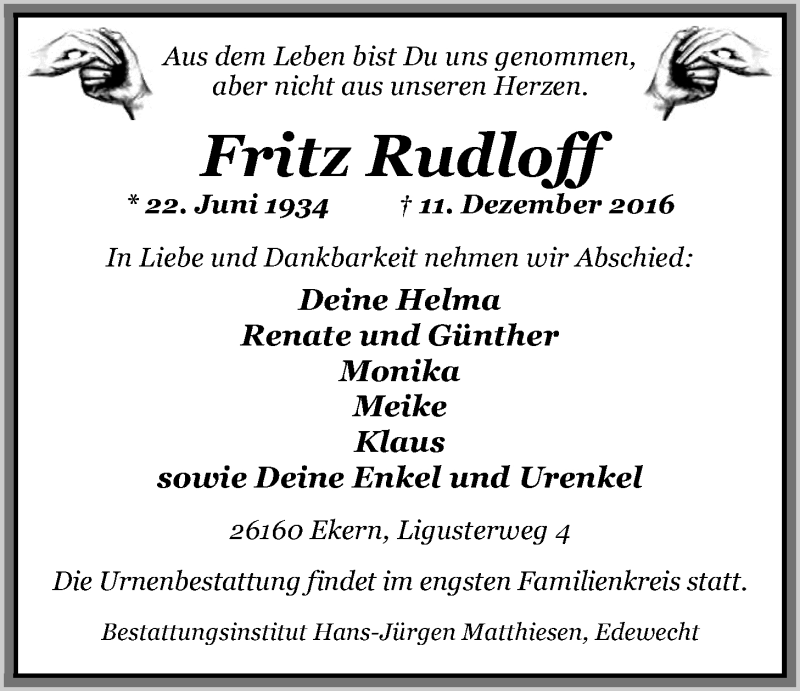  Traueranzeige für Fritz Rudloff vom 14.12.2016 aus Nordwest-Zeitung