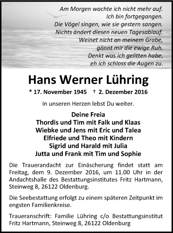 Traueranzeige von Hans Werner Lühring von Nordwest-Zeitung
