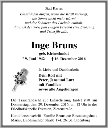 Traueranzeige von Inge Bruns von Nordwest-Zeitung