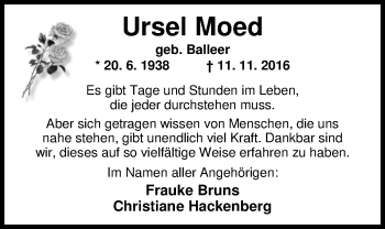 Traueranzeige von Ursel Moed von Nordwest-Zeitung