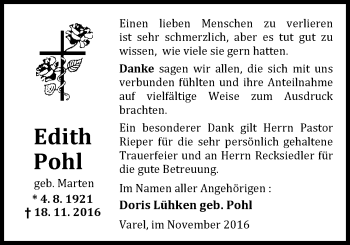 Traueranzeige von Edith Pohl von Nordwest-Zeitung