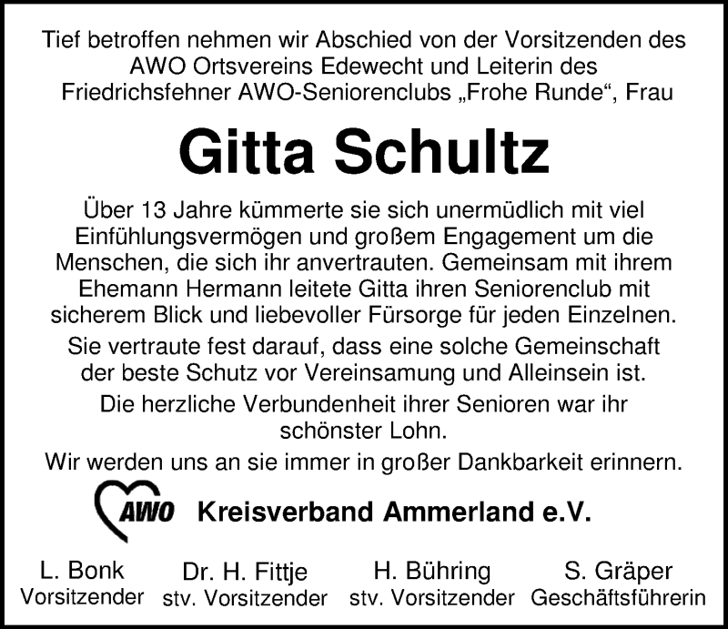 Traueranzeige für Birgitta Schultz vom 19.12.2016 aus Nordwest-Zeitung
