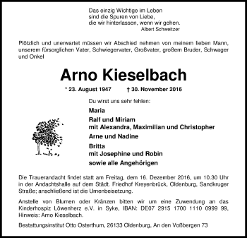 Traueranzeige von Arno Kieselbach von Nordwest-Zeitung