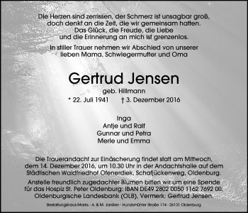 Traueranzeige von Gertrud Jensen von Nordwest-Zeitung
