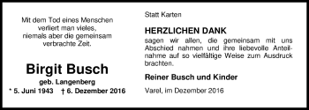 Traueranzeige von Birgit Busch von Nordwest-Zeitung