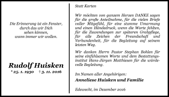 Traueranzeige von Rudolf Huisken von Nordwest-Zeitung