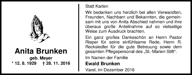  Traueranzeige für Anita Brunken vom 24.12.2016 aus Nordwest-Zeitung