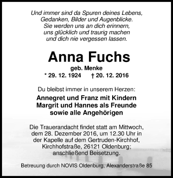 Traueranzeige von Anna Fuchs von Nordwest-Zeitung