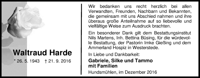  Traueranzeige für Waltraud Harde vom 03.12.2016 aus Nordwest-Zeitung