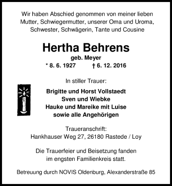 Traueranzeige von Hertha Behrens von Nordwest-Zeitung