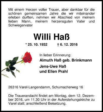 Traueranzeige von Willi Haß von Nordwest-Zeitung