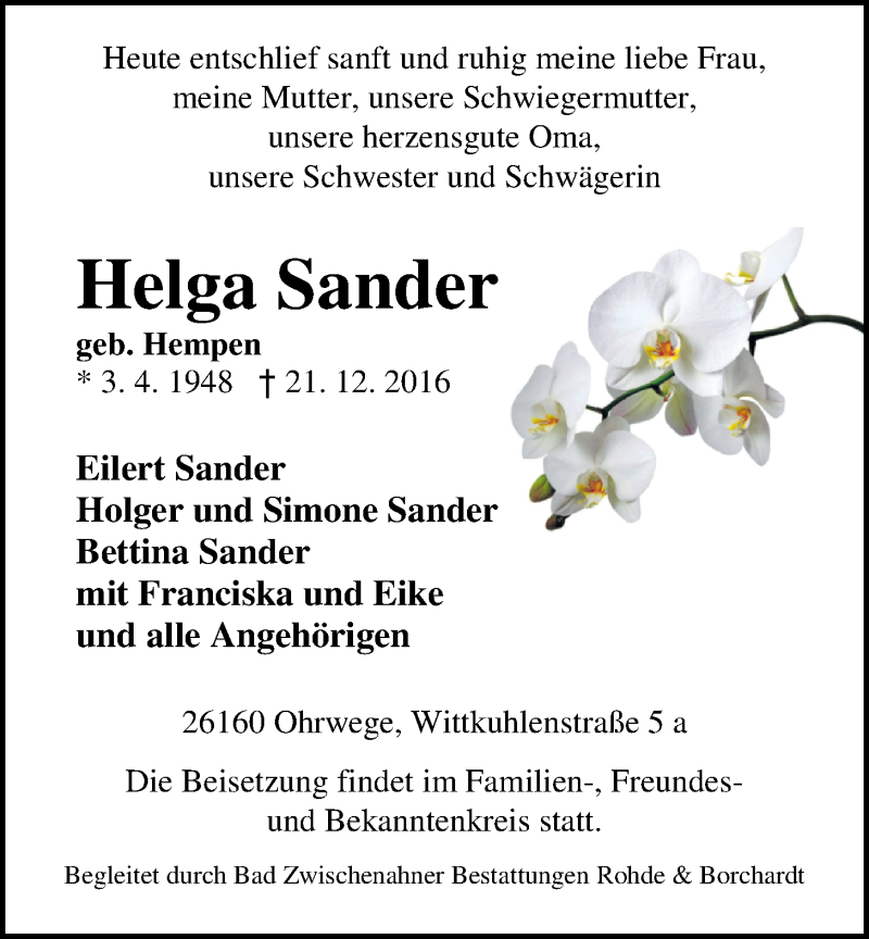  Traueranzeige für Helga Sander vom 24.12.2016 aus Nordwest-Zeitung