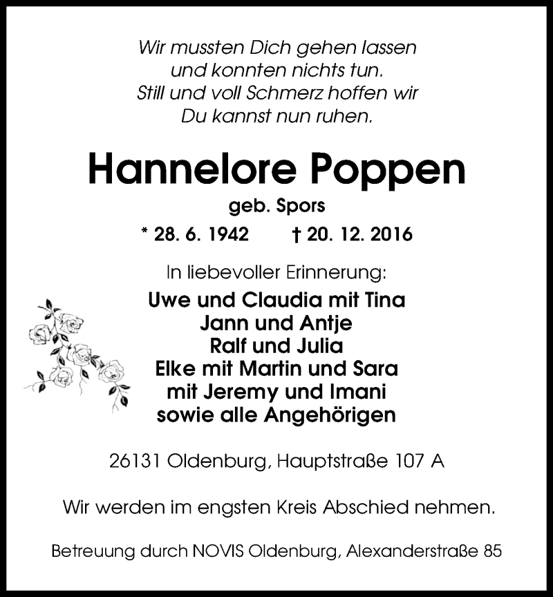  Traueranzeige für Hannelore Poppen vom 30.12.2016 aus Nordwest-Zeitung