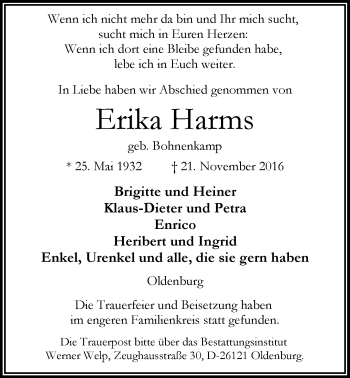 Traueranzeige von Erika Harms von Nordwest-Zeitung