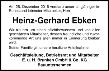 Traueranzeige von Heinz-Gerhard Ebken von Nordwest-Zeitung