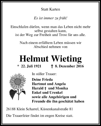 Traueranzeige von Helmut Wieting von Nordwest-Zeitung