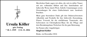 Traueranzeige von Ursula Köller von Nordwest-Zeitung